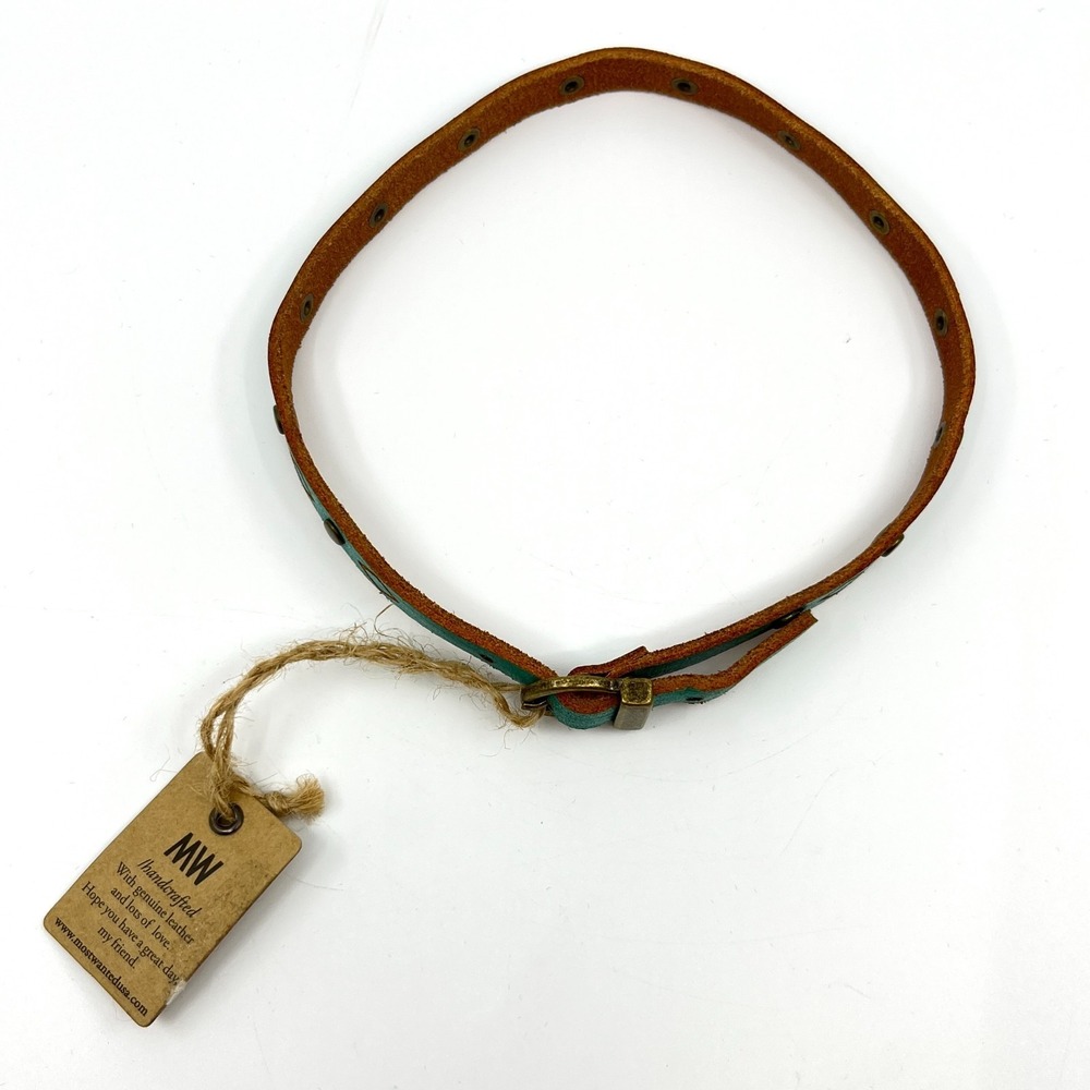 VTG MW Handcrafted Turquoise Tone Leather Choker Western Studded Buckle Necklace
